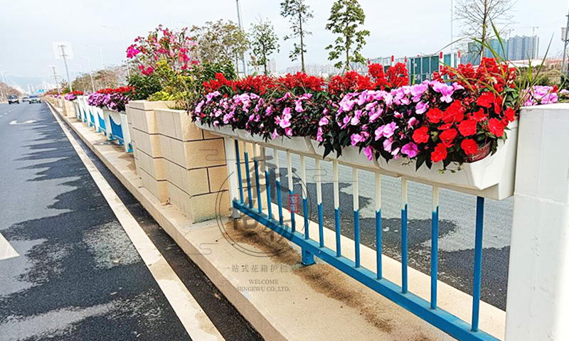 镇江道路传统护栏加装马鞍花盆绿化案例